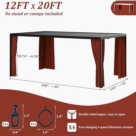 Gazebo Universal Replacement Privacy Curtain,12'×20' Gazebo Outdoor Waterproof Curtains, 4-Panels Sidewall Curtains with Double Zipper for Patio Canopy, Garden and Backyard (Curtain Only)