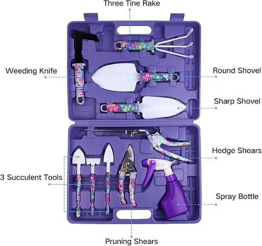 Garden Tools Set, JUMPHIGH 10 Pieces Gardening Tools with Floral Print, Ergonomic Handle Trowel Rake Weeder Pruner Shears Sprayer, Garden Hand Tools with Carrying Case Gardening Gifts for Women Father