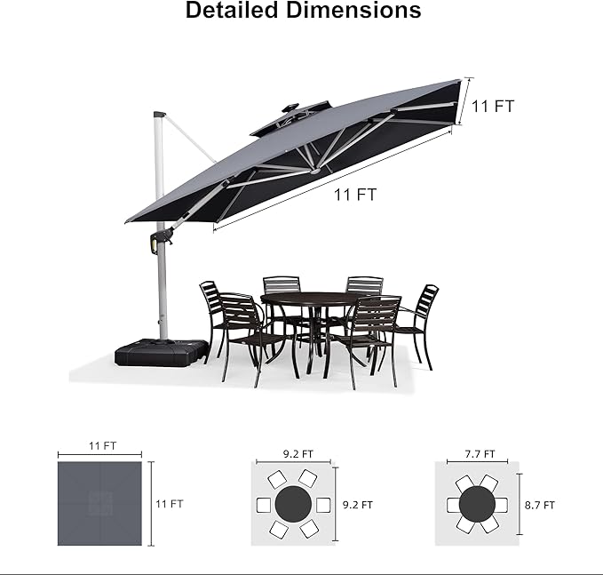 PURPLE LEAF 11 Feet Solar Powered LED Square Cantilever Umbrella With Base Patio Umbrella Windproof Hanging Umbrella Outdoor Umbrella Offset Umbrella, Grey