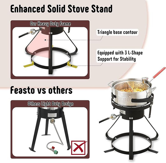 10 Qt Aluminum Outdoor Propane Gas Fish Fryer Pot Kit with Strainer Basket, 50,000 BTU Burner, Adjustable 0-5 PSI Regulator, Perfect for Boiling and Frying