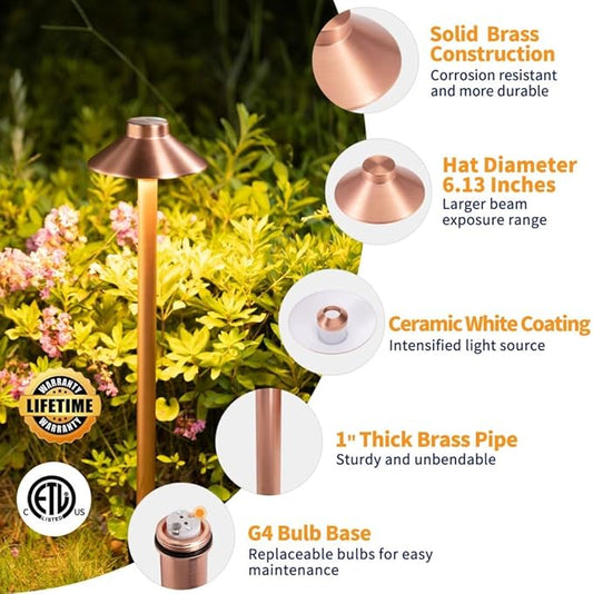 Gardenreet Brass Copper Low Voltage Path Lights, Landscape Pathway Light, 12V LED Outdoor Bronze Hat Top Walkway Lamp for Driveway Yard Garden with 3W 270LM 4000K G4 Bulb 4 Pack