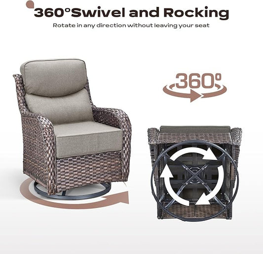 Rilyson Wicker Outdoor Patio Furniture Set - 8 Piece Patio Conversation Sets with Swivel Rocker Chairs, Ottomans, Sofa and Table, 6 inch Cushions, Deep Seating, for Porch Deck Brown/Beige