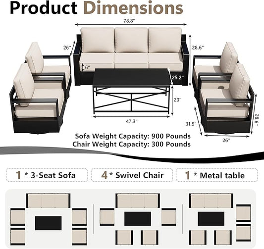 Outdoor Patio Furniture Set, 6-Piece Aluminum Patio Conversation Set All-Weather Metal Outdoor Sectional with 6 Inch Thick Cushions, Deep Setting for Garden, Outside and Porch