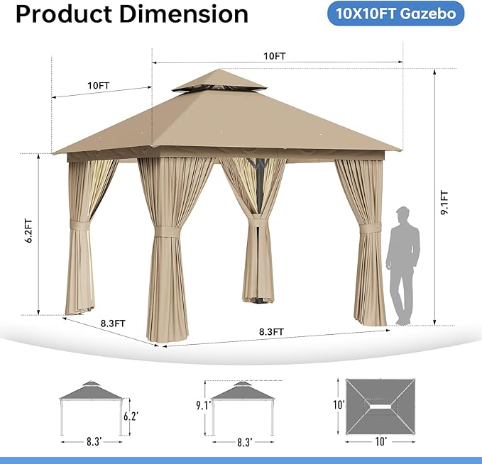 Outdoor Gazebo Metal Frame Patio Pergola Double Roofs Patio Canopy with Double-Layer Door and Mosquito Netting for Deck, Backyard, Lawn (Beige, 10x10FT)