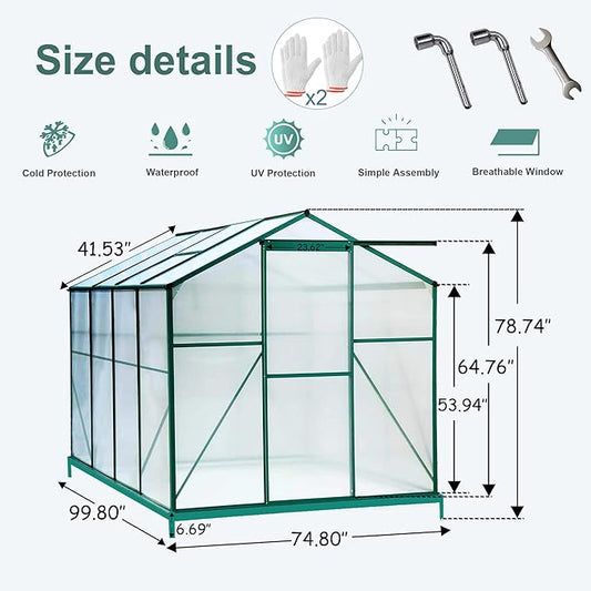 6x8 FT Polycarbonate Greenhouse, with Sliding Door and Adjustable Roof, Heavy Duty Walk-in Greenhouse Aluminum Sunroom Hot House for Outdoor Garden Backyard,Green