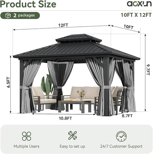 Aoxun 12'x10' Hardtop Gazebo, Aluminum Frame Permanent Pavilion with Curtains and Netting, Outdoor Galvanized Double Roof Canopy, Designed for Garden, Lawns, Patio, with Ground Nails