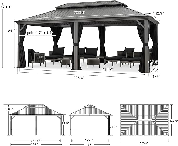 PURPLE LEAF 12' x 20' Permanent Hardtop Gazebo with Galvanized Steel Double Roof and Aluminum Frames Outdoor Large Pavilion Gazebo for Patio Deck Garden, Netting and Curtains Included, Light Grey