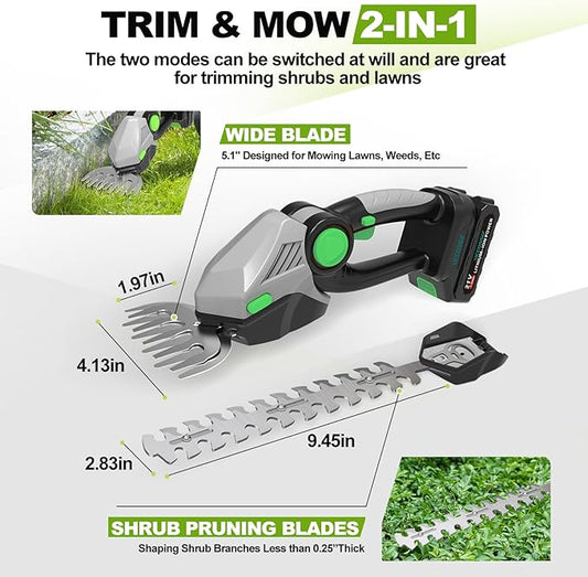 Cordless Hedge Trimmer,21v Electric Grass Shears & Shrub Trimmers,Handheld 2-in-1 Battery Powered Hedge Trimmer for Patio/Lawn, Gardening Tools, Included Charger (Gray-Green+1* Battery)