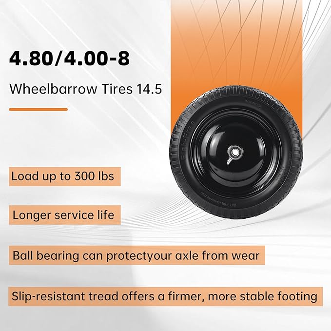 2PC 14.5" Wheelbarrow Tires, 4.80/4.00-8" Flat-Free Tire and Wheel, 5/8" Bearings, Extra 3/4" Bearing, Adjustable Center Hub for 3 to 7", Fits 4.80-8, 4.00-6, 3.50/2.50-8 Wheels, Maximum Load 300 lbs.