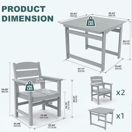 3-Piece HIPS Patio Dining Set, Outdoor Dining Table and Chairs Set with Umbrella Hole, Weatherproof Dining Table Set for 2 Person, Patio Furniture Set for Outside Deck, Grey