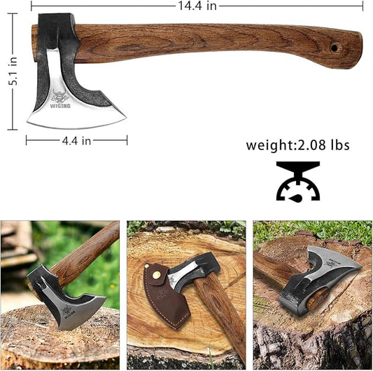 Camping Hatchet, 14.2-inch Splitting Axe with Leather Sheath, Chopping Axe 1065 High Manganese Steel and Hickory Handle