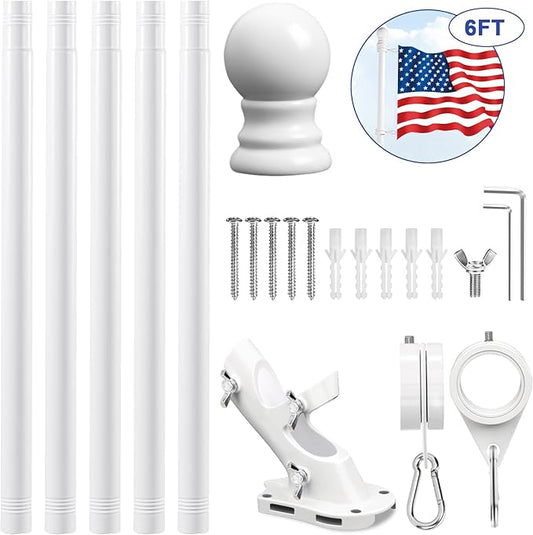 REERON Flag Pole Kit for House, 6 FT Stainless Steel Spinning Flag Pole, 1" Rustproof Porch Flagpole with 360° Tangle Free Metal Flagpole Rings & 2-Position Bracket for Outdoor Sport for 3x5 Flags