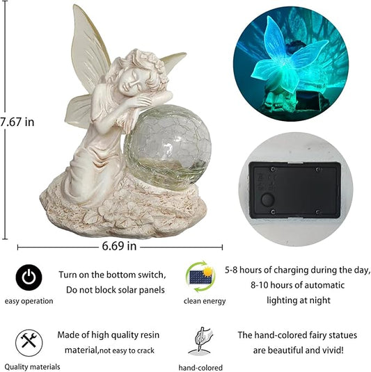 Fairy Garden Statue ,Solar Garden Decor ,Fairy Statue Outdoor with Glass Ball ,Waterproof Outdoor Decor,Suitable for Yard, Lawn ,Ideal for Holiday Giving (Left)
