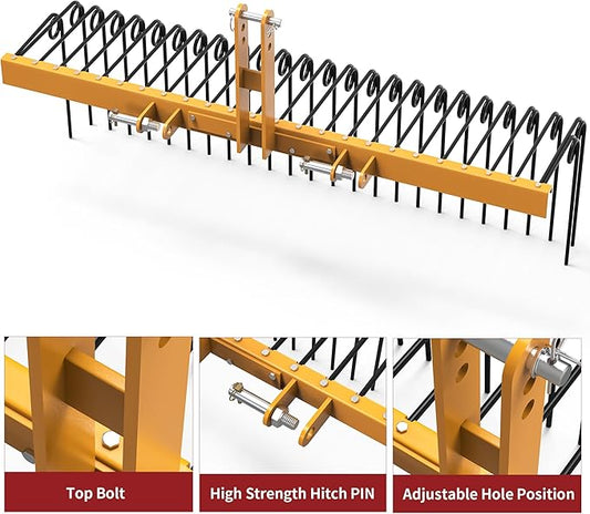 YITAMOTOR 60" Durable Powder Coated Steel Pine Straw Rake Steel Spring Landscape Rake Attaches to Cat-0 Cat-1,3 Point Hitch for Tractor, Yellow