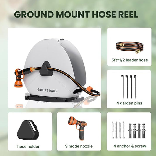 Giraffe Tools Heavy Duty Retractable Hose Reel, 5/8" x 92FT Automatic Rewind Garden Hose Reel with 360° Swivel Base, Ground Mounted for Lawn, Patio, Concrete Floor & Yard Watering