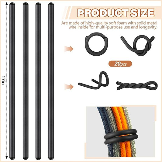 20 Pcs 17 Inch EVA Foam Twist Rubber Ties Reusable Bendable Cable Tie Straps Flexible Heavy Duty Twisty Ties for Organizing Cords Bundling (Black)