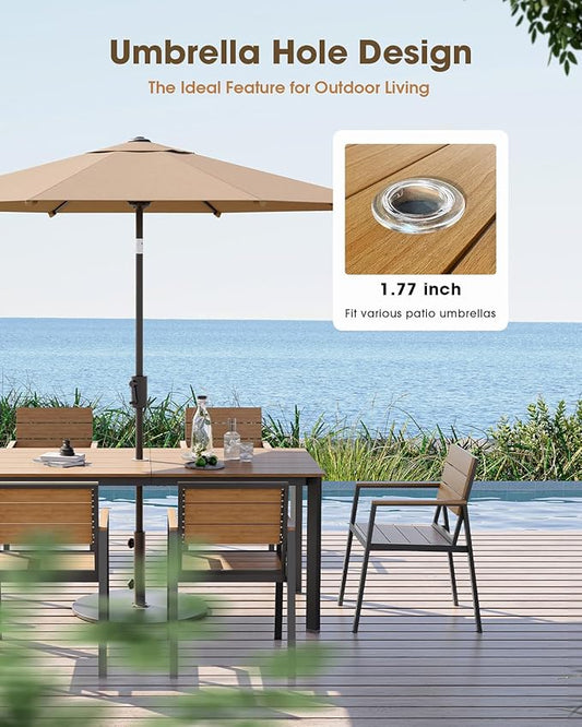 Outdoor Patio Dining Table, Aluminum & HDPE Outdoor Table with Umbrella Hole, All-Weather for Deck, Garden, Lawn, Backyard, Poolside and Indoor Use (Gray & Teak)
