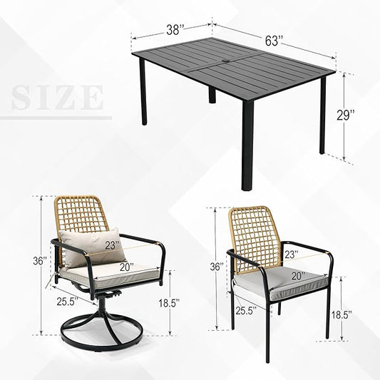 7 Pieces Rattan Patio Swivel Chairs, Stackable Chairs and 63"x38" Rectangle Table Set