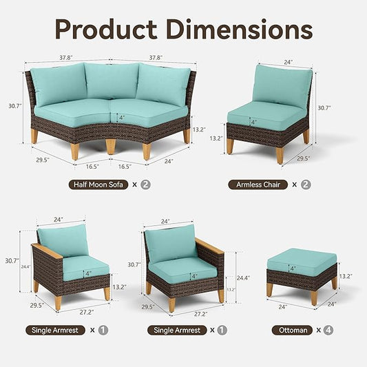 GREEN PARTY 12 Pieces Wicker Patio Furniture Set, All-Weather Outdoor Rattan Half-Moon Curved Patio Sectional Sofa Conversation Set with 4" Thick Cushions for Garden, Backyard, 2 x Ottomans (Blue)