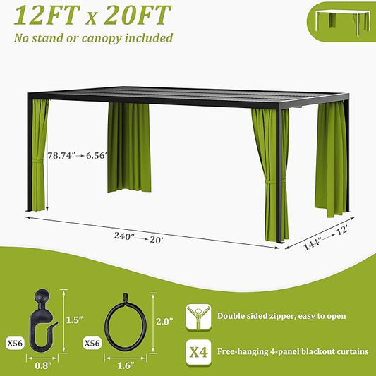 Gazebo Universal Replacement Privacy Curtain,12'×20' Gazebo Outdoor Waterproof Curtains, 4-Panels Sidewall Curtains with Double Zipper for Patio Canopy, Garden and Backyard (Curtain Only)