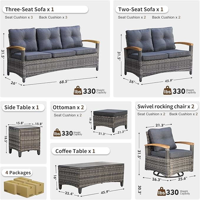MEISSALIVVE 8 Pieces Patio Furniture Sets, PE Wicker Outdoor Conversation Sets with 2 Wood Armrests Swivel Rocker Chairs, 2 Ottomans, 2 Sofas and Coffee Table(Grey)