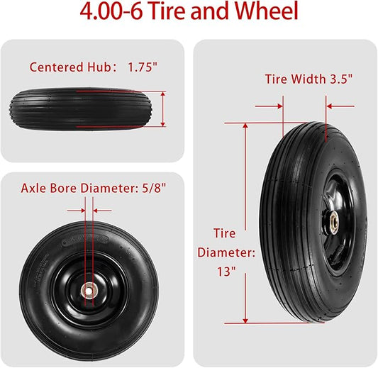 (2-Pack) 4.00-6 Wheelbarrow Tires, 13 Inch Pneumatic Tire and Wheel with 5/8" or 3/4" Bearings, 1.75"-5.75" Center Hub 4.00-6 Pneumatic Tire for Wheelbarrows, Trolleys, Garden Carts