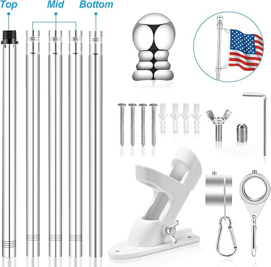 6 FT Metal Flag Pole Kit for Outside House w/ 2-Position Holder Bracket & 360° Rotating Flagpole Rings, 1" Stainless Steel Spinning Outdoor Porch Wall Mounted Flag Poles for 3x5 4x6 Flag(6 FT, Silver)