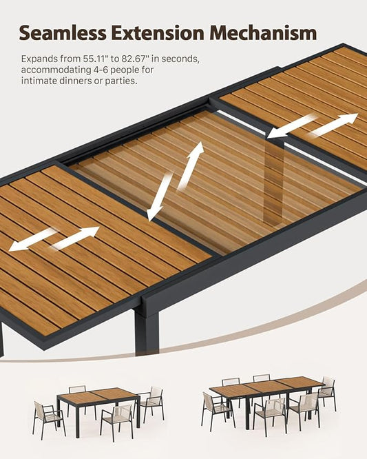 ZANDOR Expandable Outdoor Dining Set for 4-6-8,Patio Table and Chairs Set with Wood Top for Garden,Backyard,Porch,55"-82.7" Extendable Aluminum Outdoor Table Set with 6 Chairs,Grey