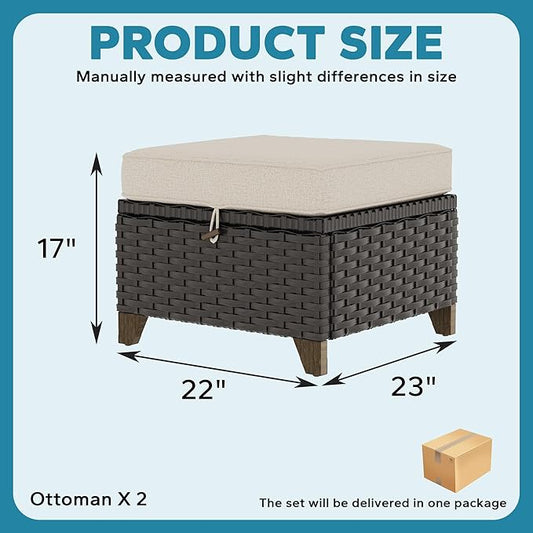 2 Pieces Patio Outdoor Ottomans with Removable and Washable Covers,PE Rattan Wicker Footstools for Porch, Garden, Sunroom (Beige)