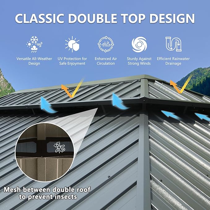 Domi 12' X 20' Hardtop Gazebo Large Outdoor Metal Gazebo with Galvanized Steel Double Roof Canopy, Aluminum Frame, Curtains and Netting for Patio, Deck, Garden, Grey