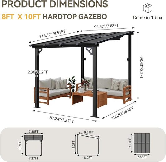 Aoxun 8' x 10' Gazebo for Patio, Gazebo Pergola with Sloped Roof, Large Wall-Mounted Heavy Duty Awnings, for Backyard, Deck, Patio (Gray Polycarbonate Panel)