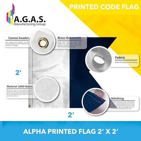 AGAS Alpha Code A Marine Signal 2x2 Ft Flag - Printed 200D Nylon - Canvas Header - Brass Grommets - Colorfast & Stitched Edges - Nautical Boat Flag - Naval Code Signal Flag.