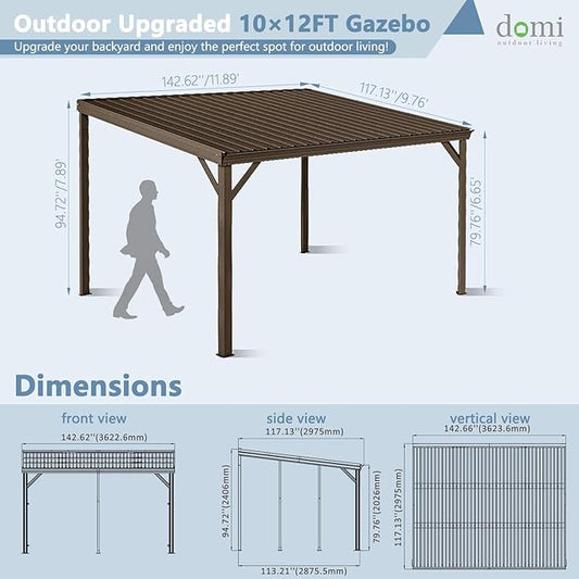 Domi 10’x12’ Wall-Mounted Hardtop Gazebo Pergola – Permanent Lean-to Outdoor Shelter with Sloped Galvanized Steel Roof & Upgraded Drainage – Grey Metal Patio Cover for Backyard, Deck, Garden,Brown