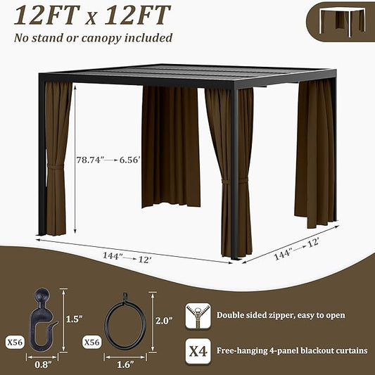 Gazebo Universal Replacement Privacy Curtain,12'×12' Gazebo Outdoor Waterproof Curtains, 4-Panels Sidewall Curtains with Double Zipper for Patio Canopy, Garden and Backyard (Curtain Only)