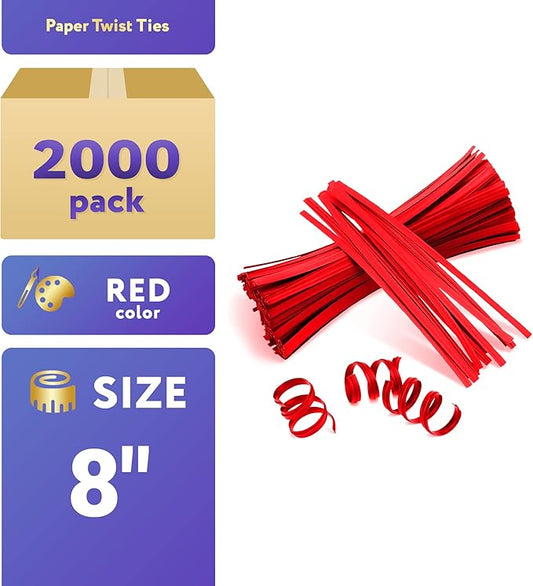 APQ Red Metallic Twist Ties for Bags, 8 inches. 2000 Pack Plastic-Coated Bread Twist Ties for Treat Bags. Reusable Bread Ties. Light Metallic Twist Tie. Heavy-Duty Twisty Ties for Bags