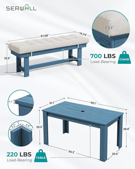 SERWALL Patio Dining Set for 4, Outdoor Dining Sets for 4 Person with 1 Umbrella Hole Cut-Out Rectangular Table and and 2 Benches, HDPE Dining Sets for Garden, Backyard, Poolside, Blue