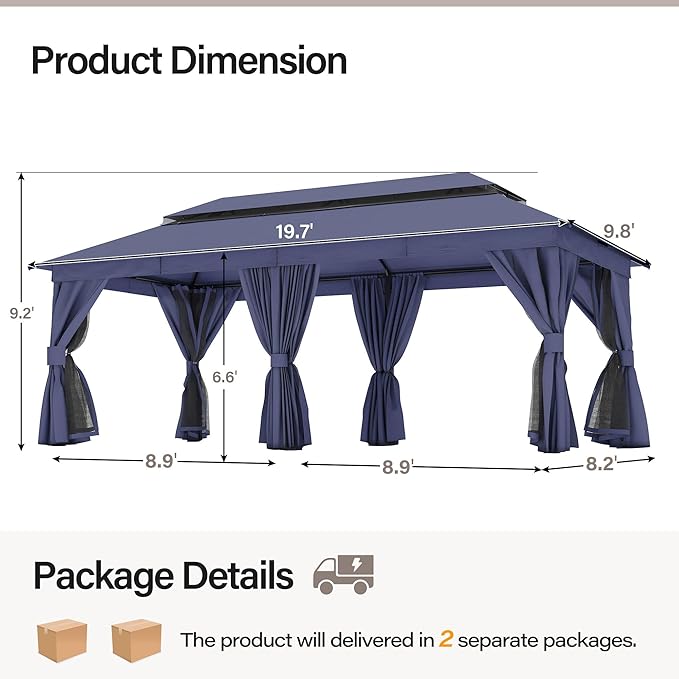 LAUSAINT HOME Outdoor Patio Gazebo 10'x20' with Expansion Bolts, Heavy Duty Party Tent & Shelter with Double Roofs, Mosquito Nettings and Privacy Screens for Backyard, Garden, Lawn, Navy Blue
