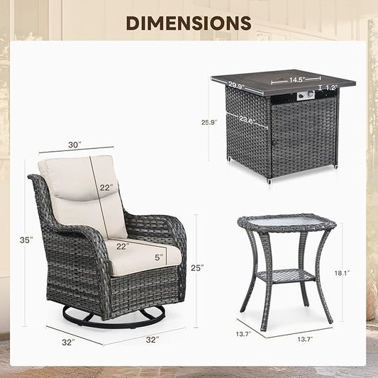 Patio Luxury Conversation Set 6PCS Resin Wicker Swivel Chairs Set, 4 Swivel Patio Chairs with Rattan Side Table and 30in Square Wicker Fire Table Set Grey Wicker|Beige Cushions