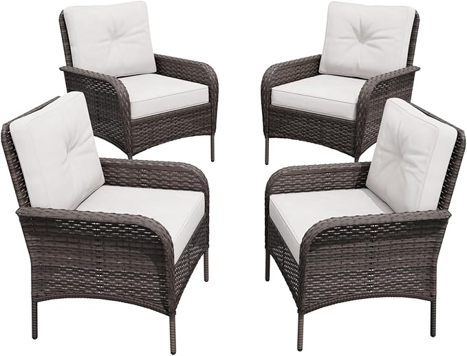 COOS BAY Vintage Courtyard Patio Chairs, Wicker Armchairs, Rattan Patio Dining Set of 4, Outdoor Seating for Deck or Balcony, Gray/Beige