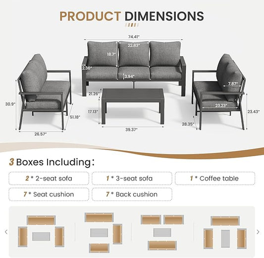 Aluminum Patio Conversation Set with Coffee Table 4PCS Deck Outdoor Furniture 7-Seat All-Weather Rust-Proof Sectional Sofa Set with Removable Cushion for Backyard, Poolside & Small Spaces