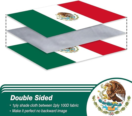 Mexico Mexican Flag 3x5 ft Outdoor, Double Sided 3 Ply Heavy Duty National Flag for MX, 100% Quality Polyester Mexico Mexicana Banner with Brass Grommets 4 Rows Stitches