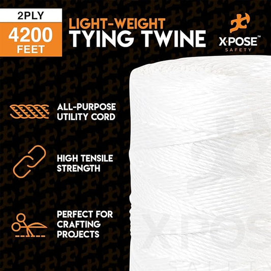 Polypropylene Tying Twine - 2 Ply White Plastic Poly Twine String 4200' Roll - Soft On Hands - Heavy Duty Outdoor & Indoor Tie Line - Baling, Shipping & Bundling Twine, Packaging Rope