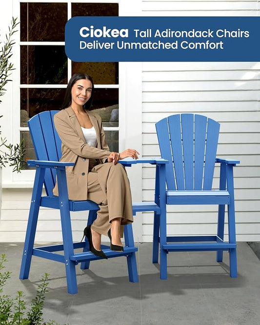 Ciokea Tall Adirondack Chairs Set of 4, HDPE Outdoor Adirondack Bar Stools with Double Connecting Tray, Weather Resistant High Back Adirondack Balcony Chairs for Deck, Lawn, Pool, Backyard, Navy Blue
