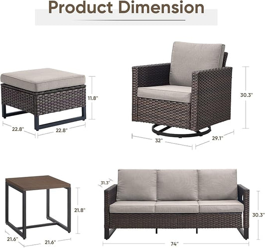 Wicker Patio Furniture Set, 6 PCS Outdoor Patio Furniture Set with Swivel Chairs, Includes 2 Swivel Patio Chairs, 1 Outdoor Couch, 1Side Table and 2 Ottoman, Brown/Beige