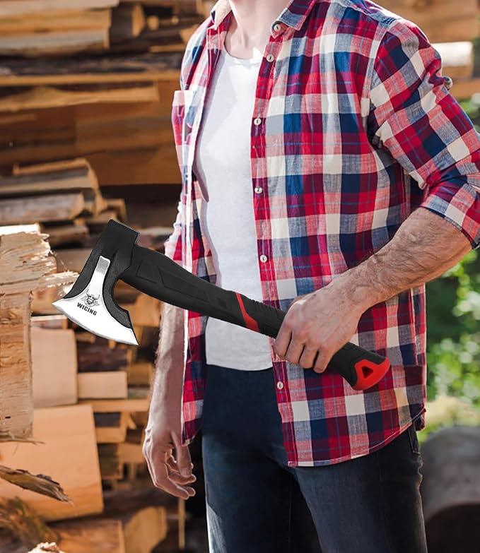 15 inch Hatchet for Small to Medium Size Kindling, Splitting Axe 1065 High Manganese Steel and Ergonomic Fiberglass Handle, 2.3 pounds