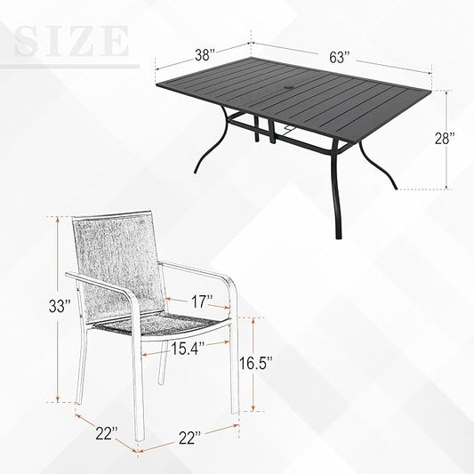 7-Piece Outdoor Patio Dining Set, 6 Stackable Patio Outoor Chairs & Rectangular Dining Table with All Weather Frame Furniture Set - Navy