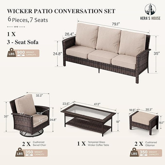 HERA'S HOUSE Patio Furniture Set with 35" High Back Swivel Chairs, Outdoor Wicker Conversation Sofa Sets, 5.5" Thick Cushions for Deck Lawn Poolside Backyard, Beige