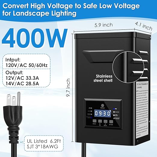 400W Low Voltage Landscape Transformer with Timer & Photocell for Landscape Lighting, 120V to 12V/14VAC, Stainless Steel, Weatherproof Smart Transformers for Outdoor Yard Lights, Path Lights