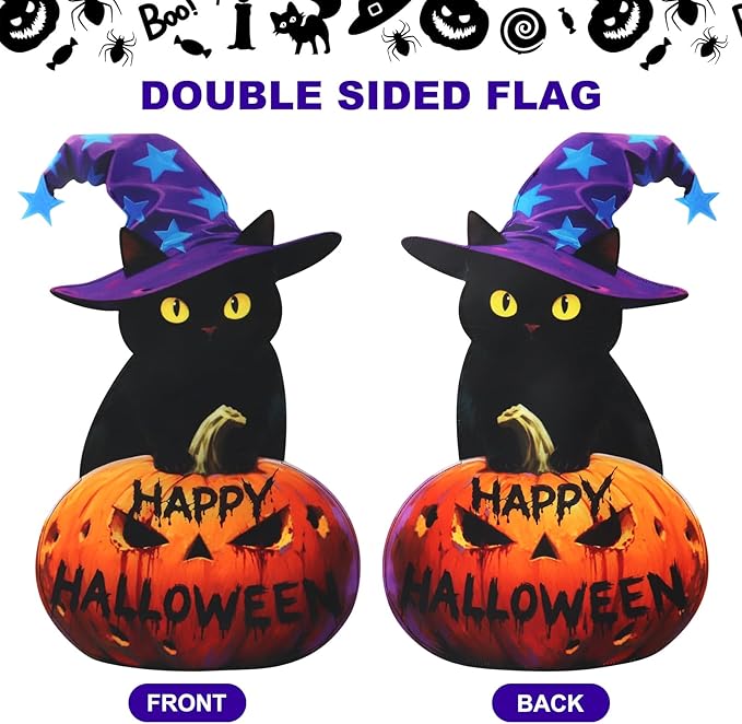Halloween Black Cat Garden Flags 12x18 Inch Double Sided, Happy Halloween Pumpkin Welcome Small Yard Flags for Outside, Farmhouse Front Porch Outdoor Fall Decor Holiday All Seasons Decoration