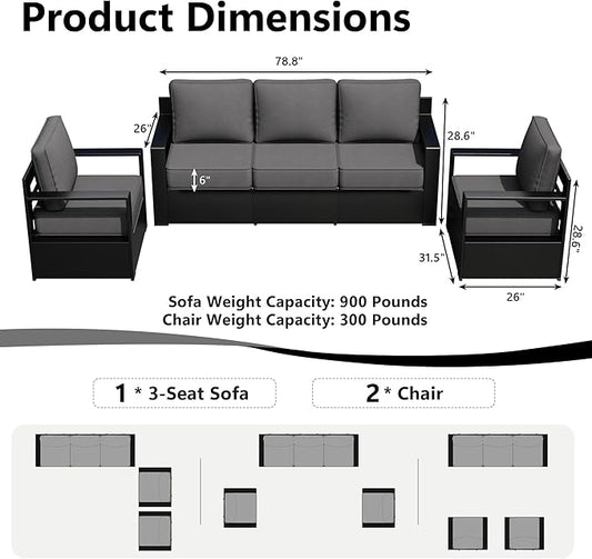 Outdoor Patio Furniture Set, 3-Piece Aluminum Patio Conversation Set All-Weather Metal Outdoor Sectional with 6 Inch Thick Cushions, Deep Setting for Garden, Outside and Porch